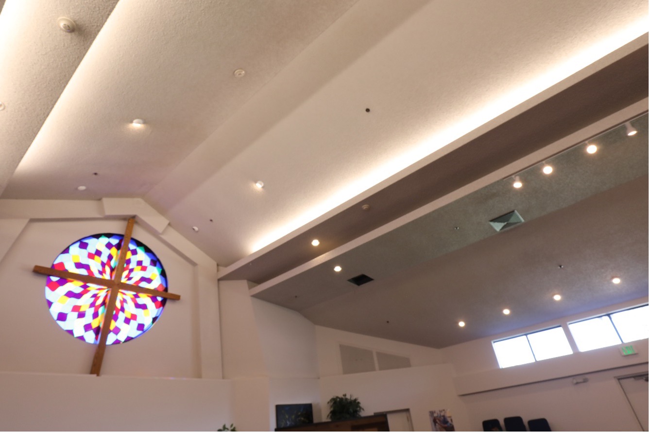 Figure 2 . Photo of Family Life Center during the evaluation visit. The textured gypsum board ceiling was highly sound reflective.
